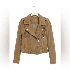 BLANKNYC Suede Leather Green Moto Jacket with Fringe, Size S